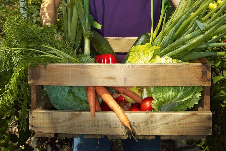 Een persoon draagt een houten kist gevuld met verschillende groenten.