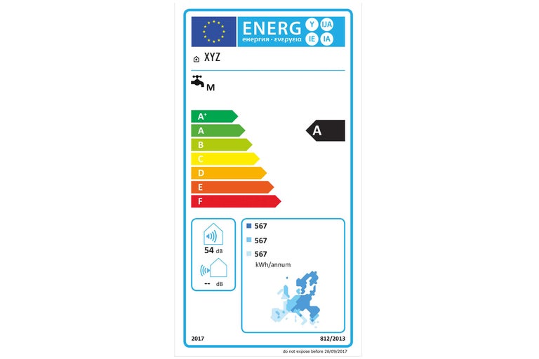 Energielabel voor kraan, energie-efficiëntieklasse A, 54 decibel