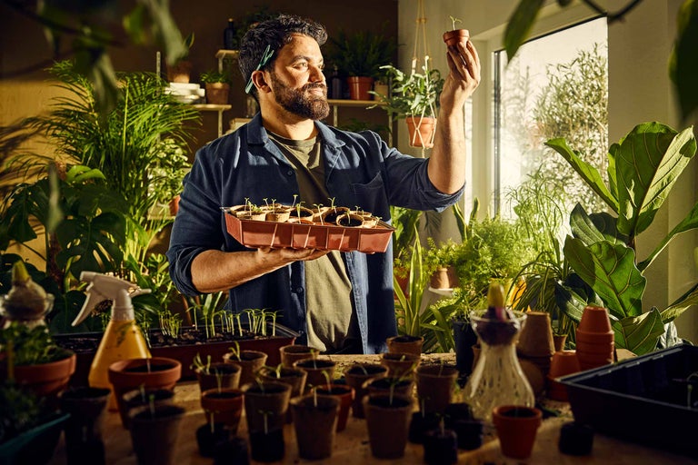 Man bekijkt zaailing in kweekpot voor raam met planten.