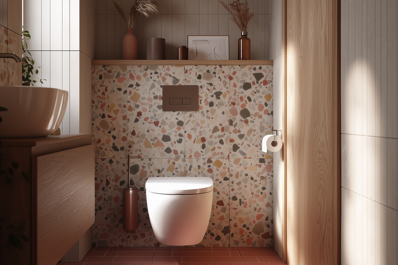 Lichte badkamer met toilet, wastafel en terrazzo tegels