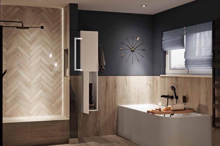 Badkamer met douche, bad, wastafelonderkast en wandklok