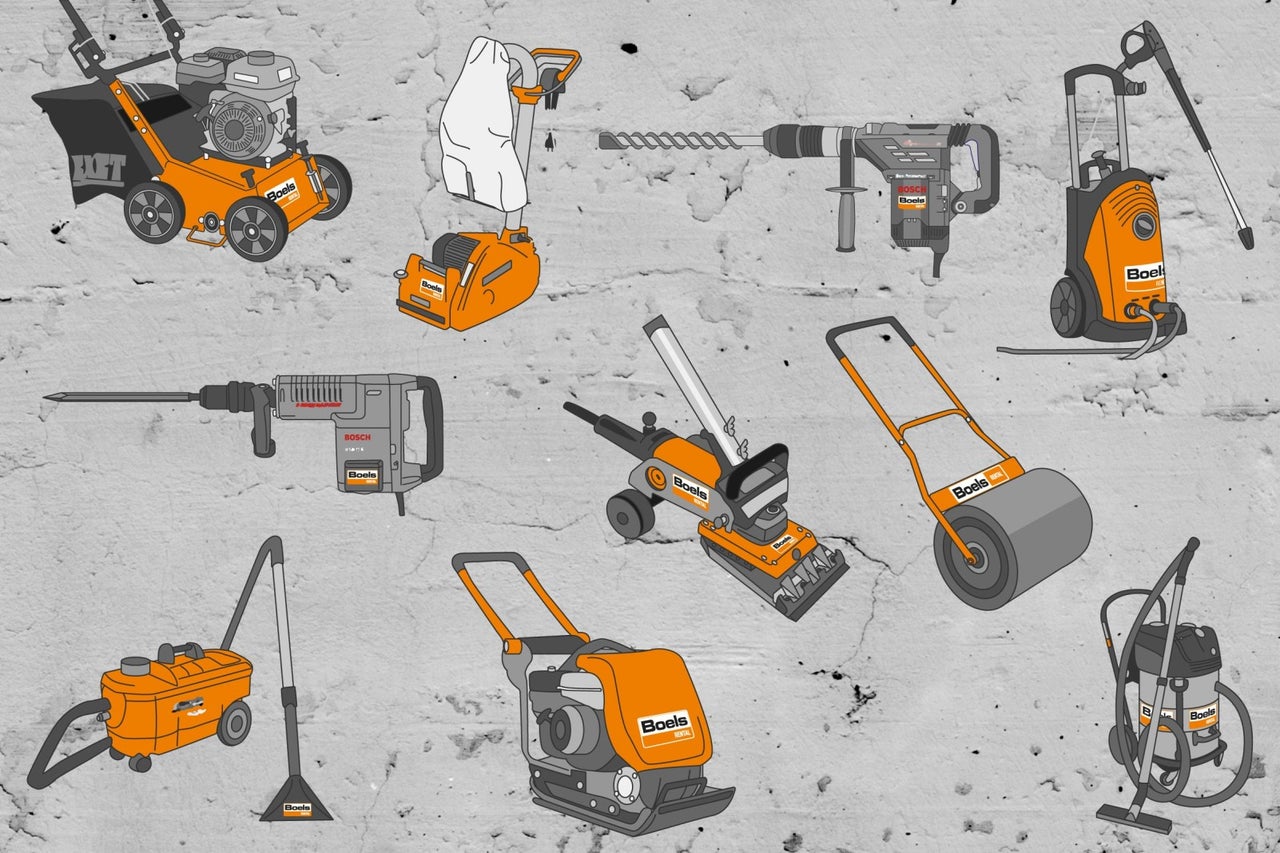 Illustratie van diverse bouwapparatuur zoals een grasmaaier, vloerschuurmachine, boormachine, hogedrukreiniger en meer