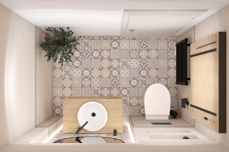 Bovenaanzicht van badkamer met wastafel, toilet, radiator, spiegelkast en decoratieve tegels