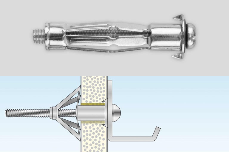 Metalen kantelplug met schroef en schematische weergave van de toepassing.