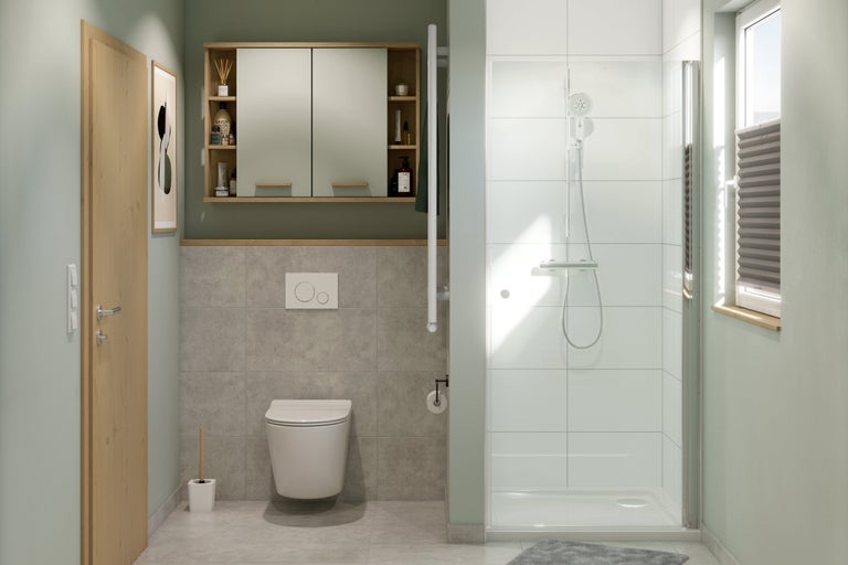 Badkamer met douche, toilet, spiegelkast en wastafel