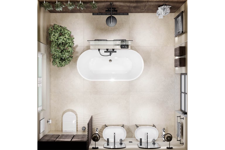 Moderne badkamer in bovenaanzicht met vrijstaand bad, dubbele wastafel, douche en toilet. Beige tegels en donkere accenten.