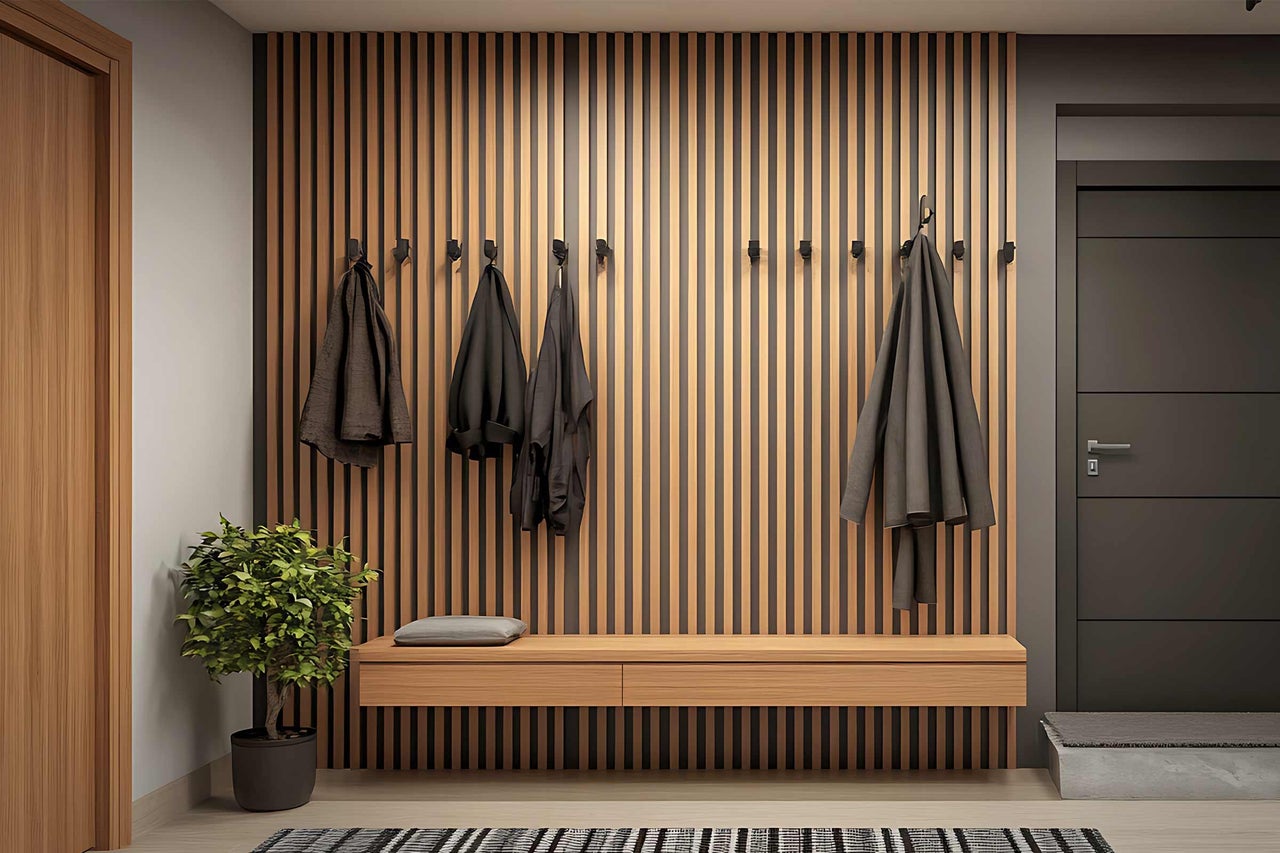 Entree met houten lambrisering, kapstokhaken, bank en kamerplant voor een vriendelijk welkom