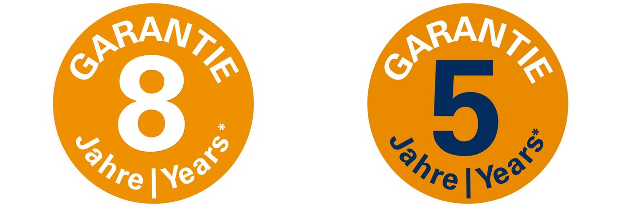 Symbool voor acht jaar garantie en symbool voor vijf jaar garantie