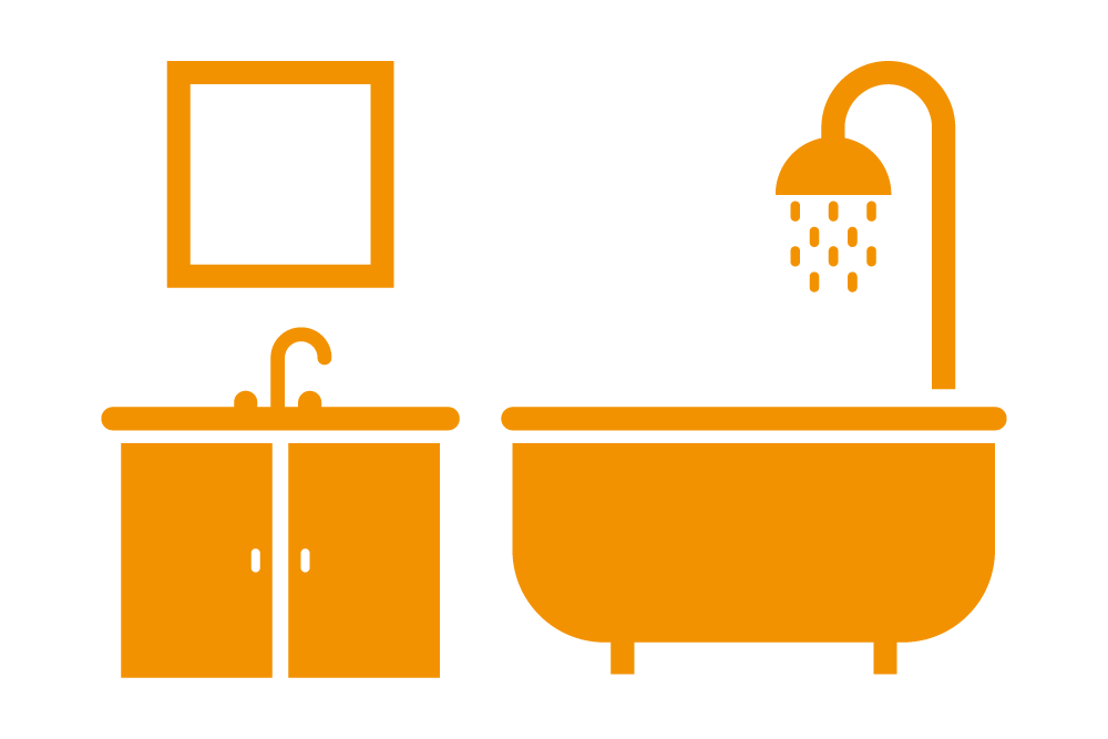 Pictogram van badkameruitrusting met wastafel, spiegel en bad
