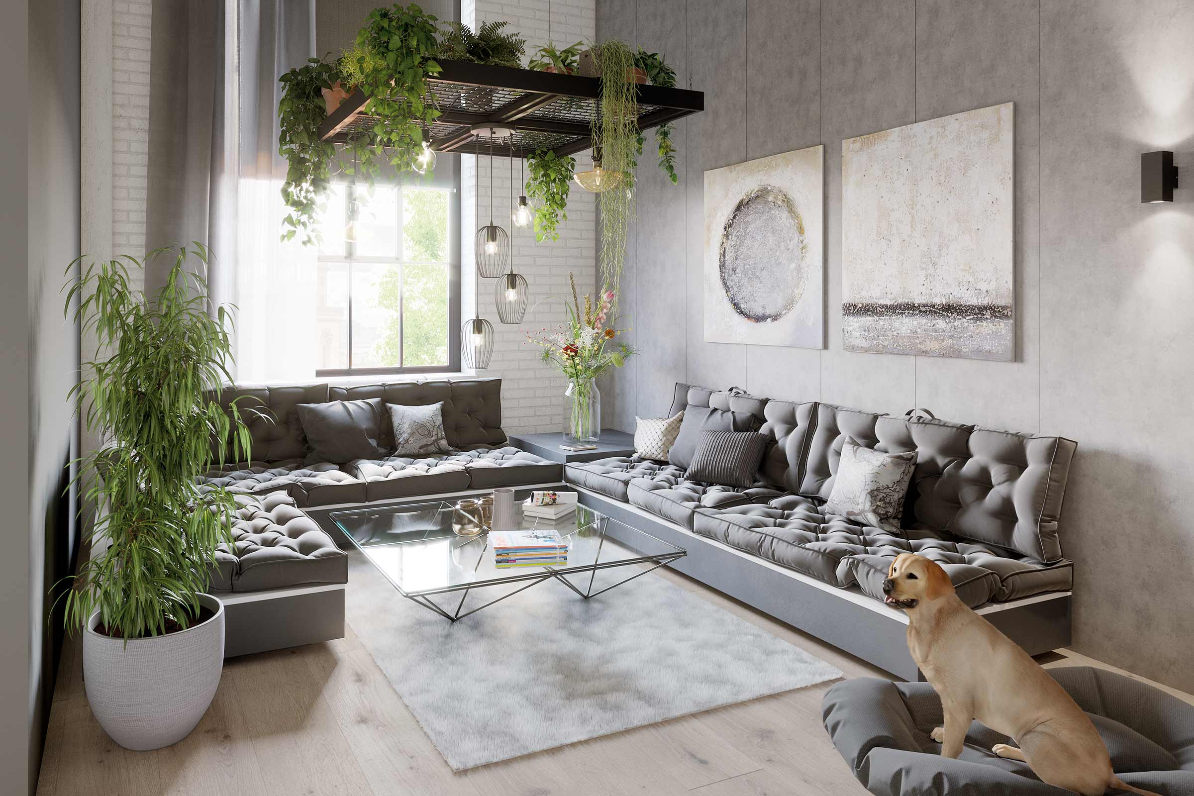 Woonkamer met grijze zithoek, glazen salontafel en decoraties zoals planten en schilderijen