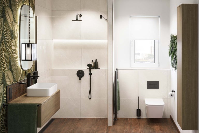 Moderne badkamer met douche, wastafel, toilet en houten vloer