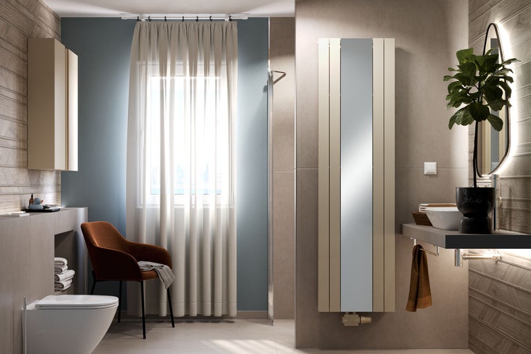 Moderne badkamer met toilet, wastafel, radiator en stoel