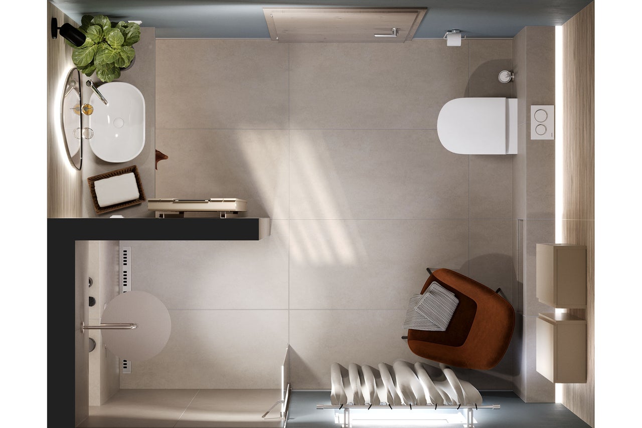 Bovenaanzicht van een moderne badkamer met wastafel, toilet, douche en zitgelegenheid