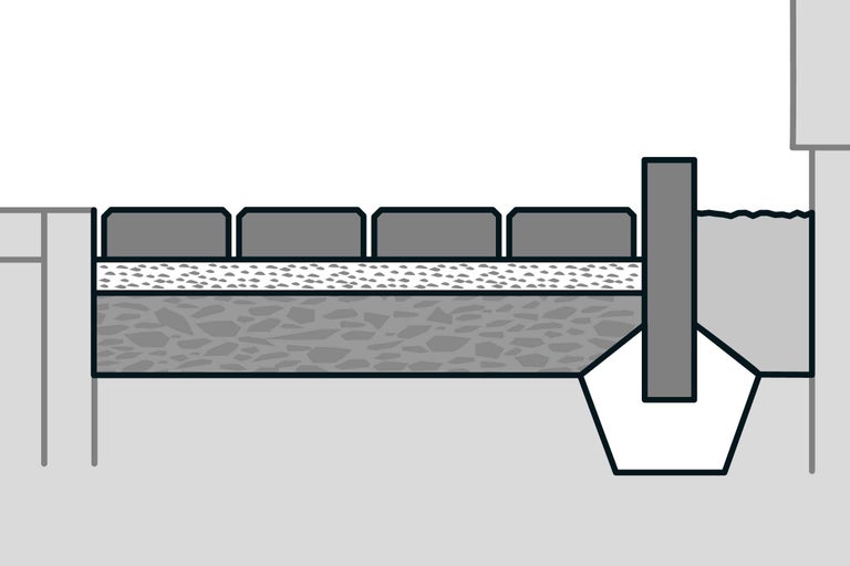 Dwarsdoorsnede van een straatsteenconstructie met afwateringsgoot