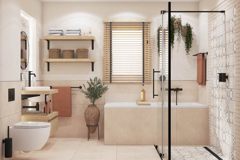 Lichte badkamer met bad, douche, wastafel, toilet en planken