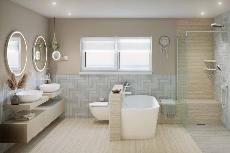 Lichte badkamer met dubbele wastafel, vrijstaand bad en inloopdouche.