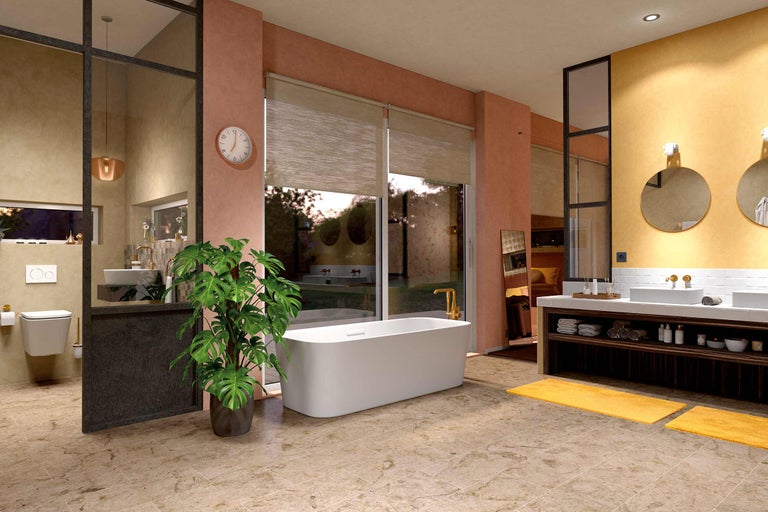 Lichte badkamer met bad, wastafel en kamerplant