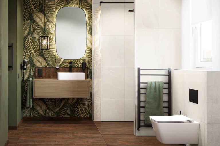 Badkamer met wastafel, spiegel, douche, radiator en toilet.