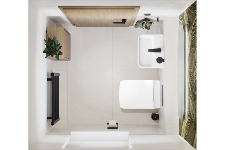 Vogelperspectief van een badkamer met toilet, wastafel, verwarming, spiegel en badkamerkasten