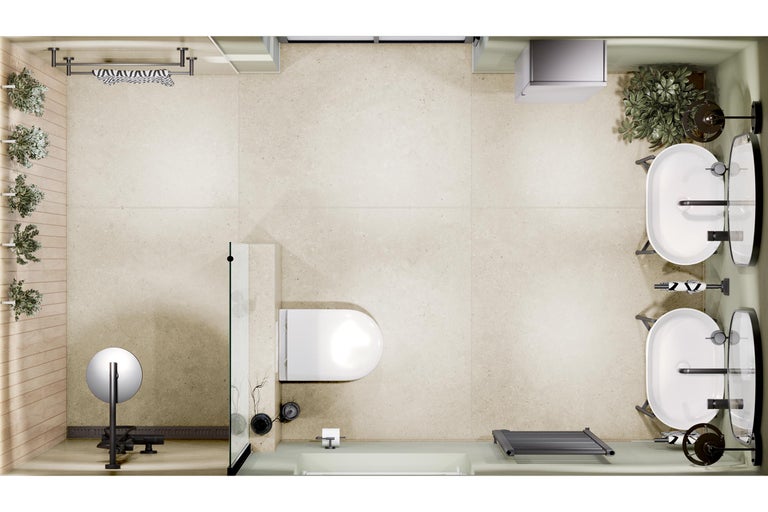 Bovenaanzicht van een badkamer met douche, toilet, wastafel en badkameraccessoires.