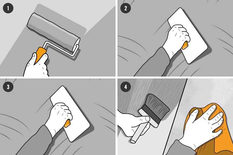 Illustratie van de vier stappen voor het pleisteren van een muur: aanbrengen van stuc, gladmaken van het oppervlak, bevochtigen en afnemen