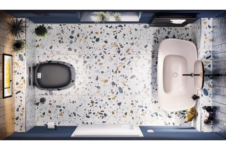 Badkamer met toilet, bad en terrazzo vloer vanuit vogelperspectief