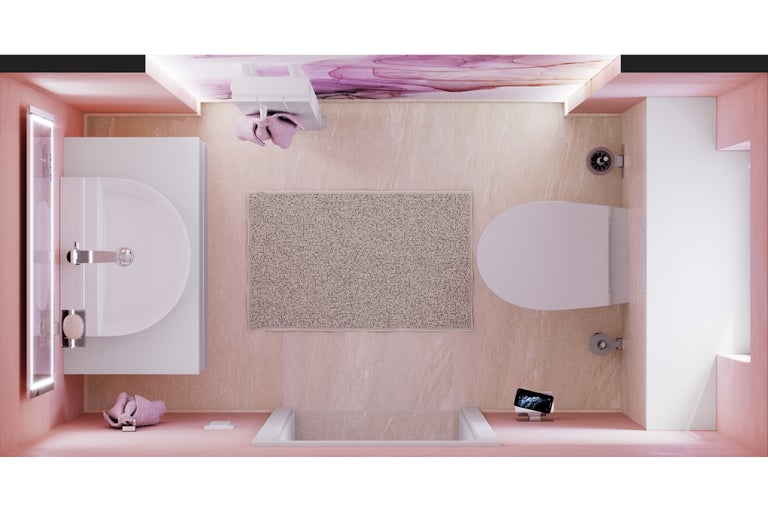 Vogelperspectief van een badkamer met wastafel, toilet, bad en badmat