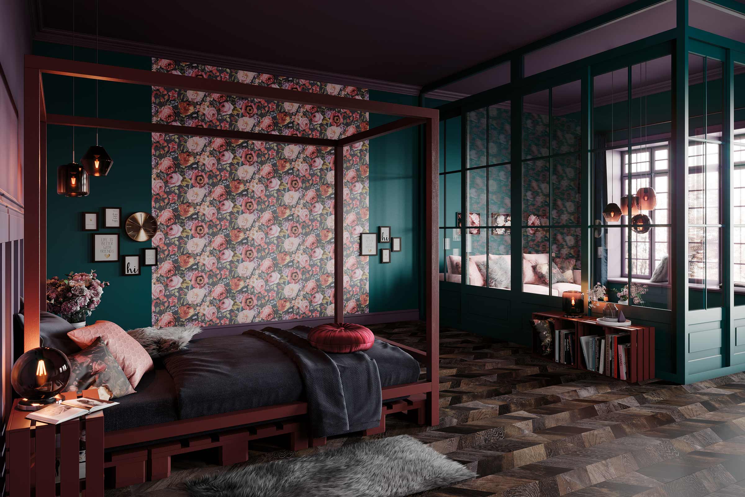 Slaapkamer met hemelbed, bloemdecoratie en boekenplank