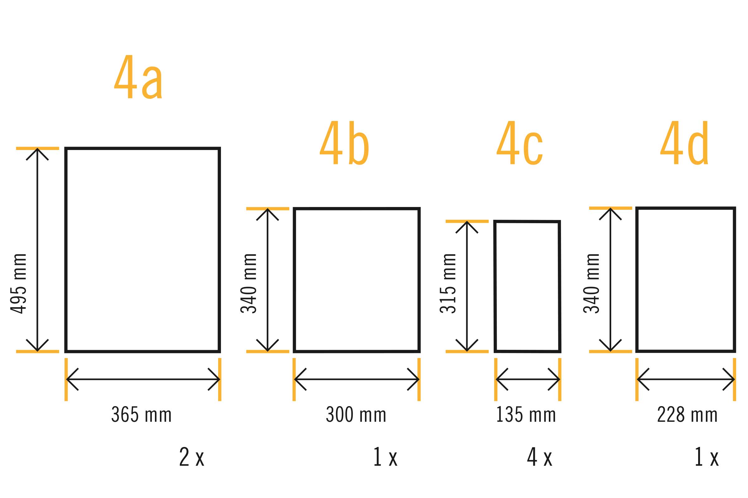 Afmetingen van verschillende onderdelen: 495 mm x 365 mm, 340 mm x 300 mm, 315 mm x 135 mm, 340 mm x 228 mm