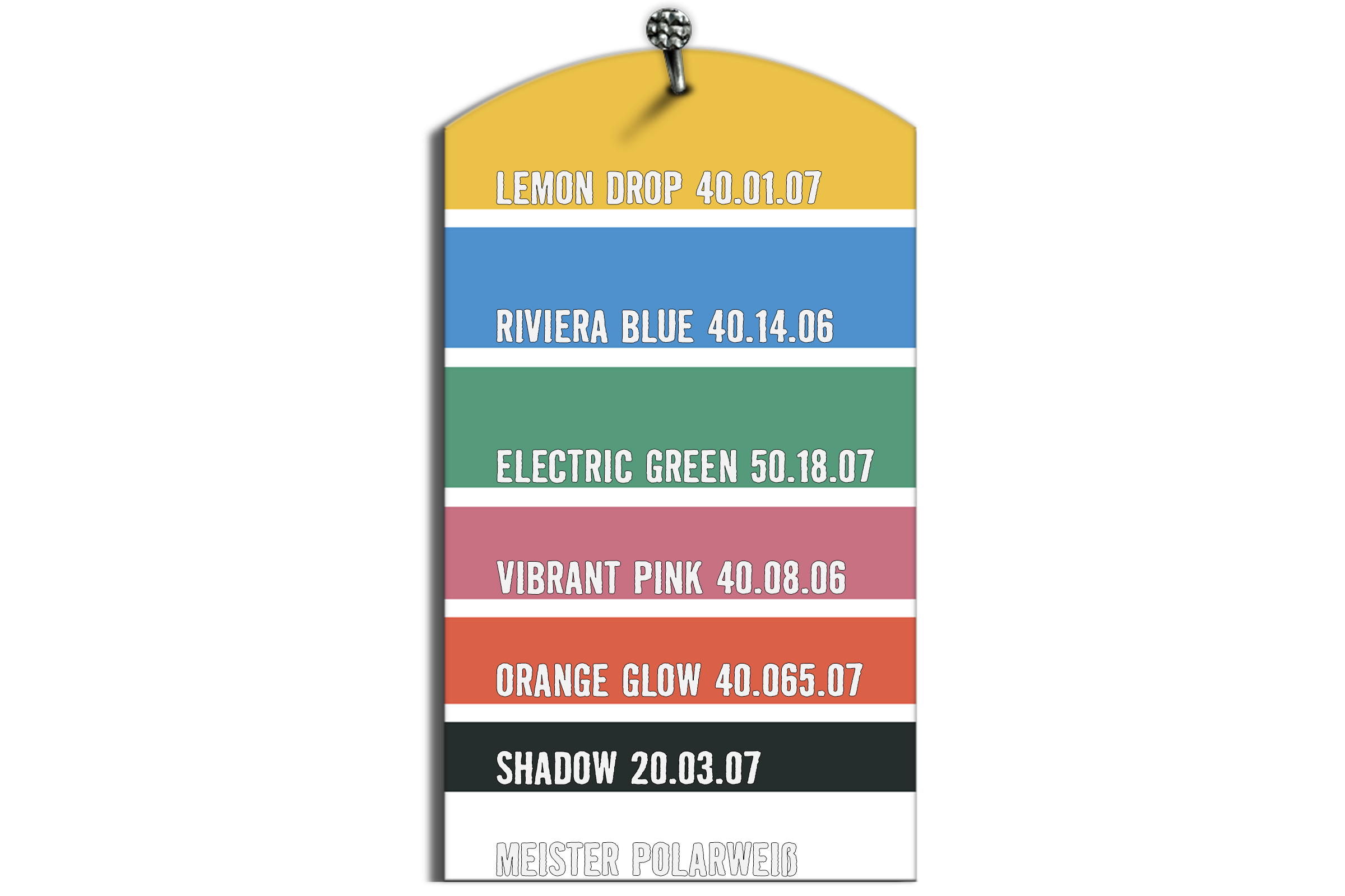 Kleurenwaaier met tinten zoals Lemon Drop, Riviera Blue, Electric Green, Vibrant Pink, Orange Glow, Shadow en Meister Polarweiss