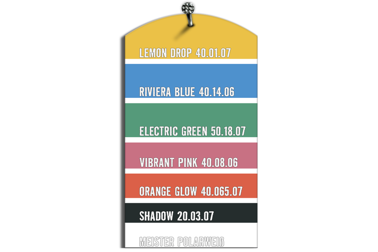 Kleurenwaaier met tinten zoals Lemon Drop, Riviera Blue, Electric Green, Vibrant Pink, Orange Glow, Shadow en Meister Polarweiss