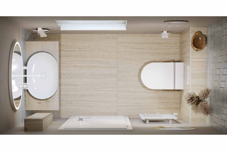 Badkamer met wastafel, toilet en douche in vogelperspectief