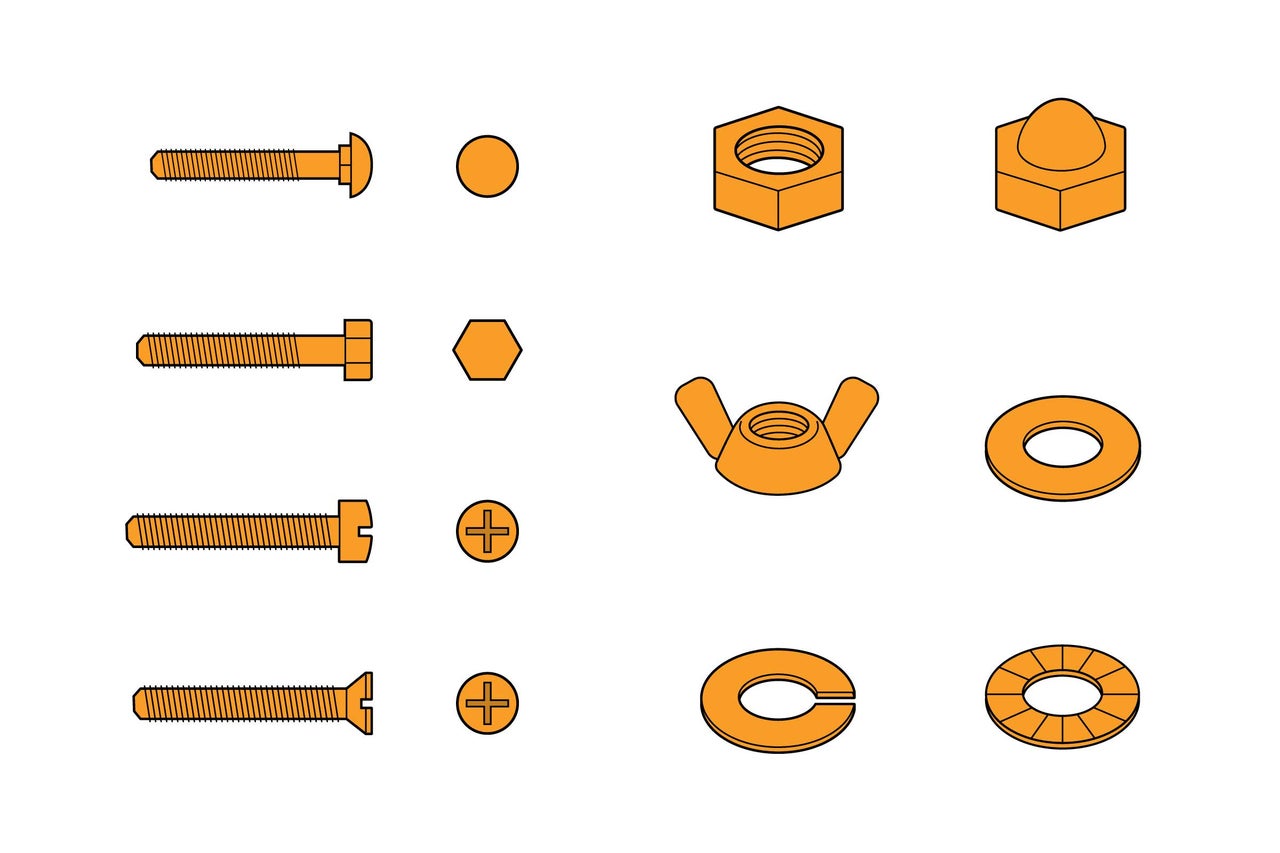 Assortiment van verschillende schroeven, moeren en ringen