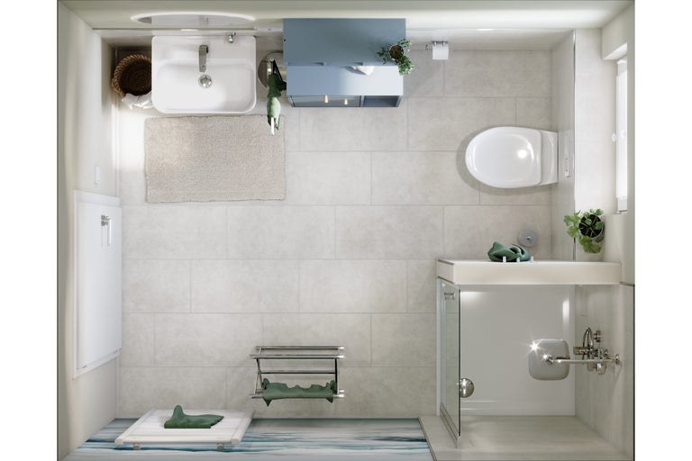 Bovenaanzicht van een badkamer met wastafel, toilet, douche en accessoires.