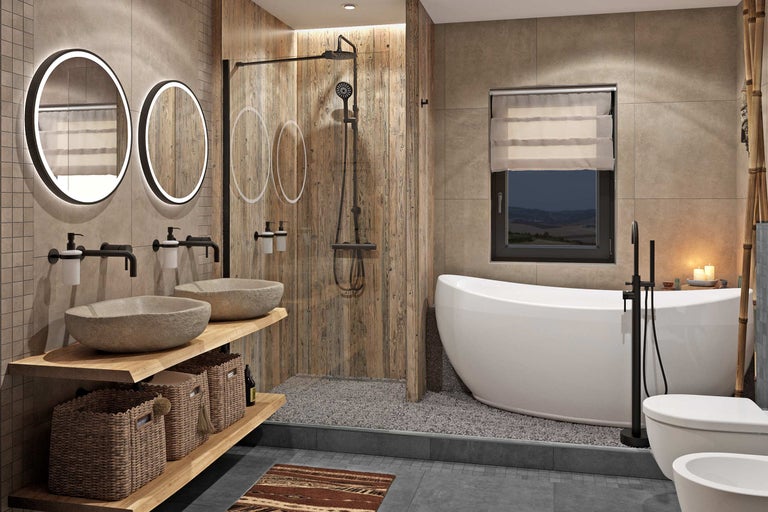 Lichte badkamer met dubbele wastafel, douche, bad en toilet