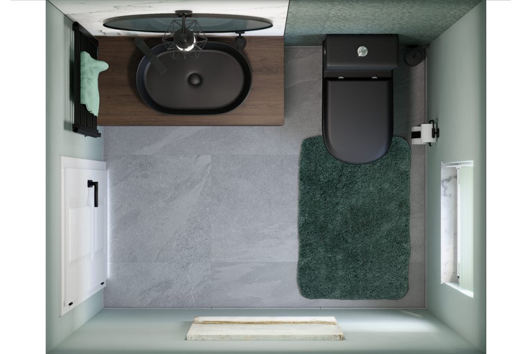 Bovenaanzicht van een badkamer met wastafel, toilet, radiator en grijze tegels