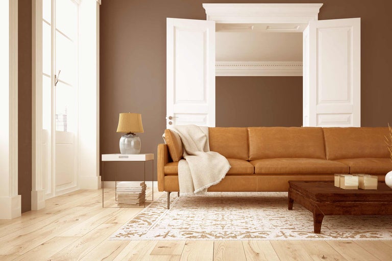 Woonkamer met leren bank, vloerkleed en houten vloer