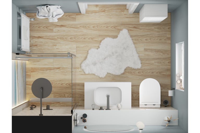 Bovenaanzicht van een heldere badkamer met douche, wastafel, toilet en houten vloer