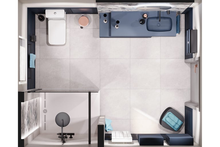 Bovenaanzicht van een moderne badkamer met toilet, wastafel, douche en zithoek