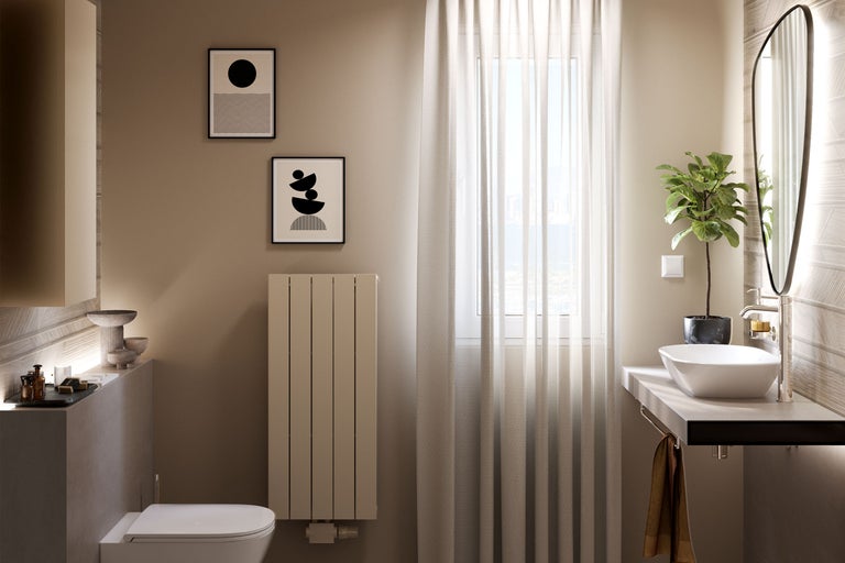 Badkamer met toilet, wastafel, radiator, spiegel en decoratie