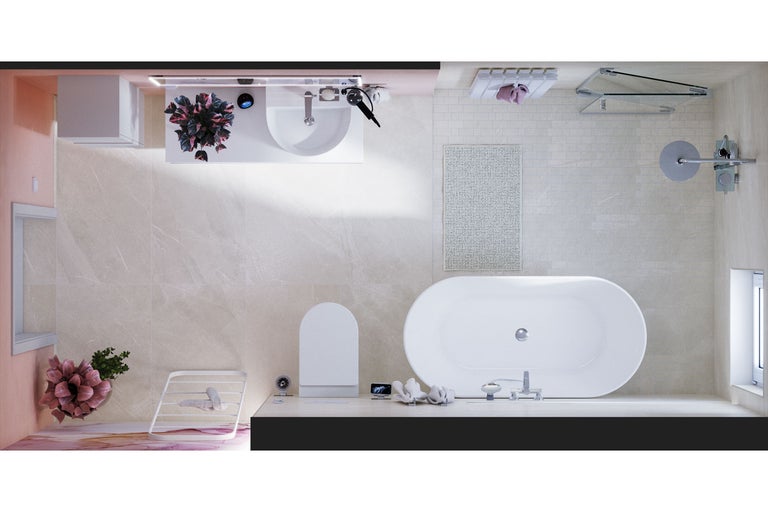 Bovenaanzicht van een badkamer met bad, wastafel, toilet en douche