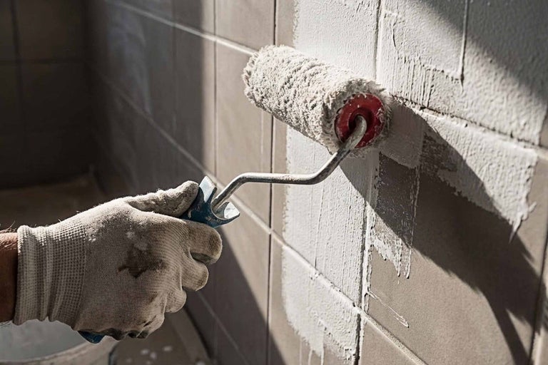 Een persoon schildert tegels met een verfroller.