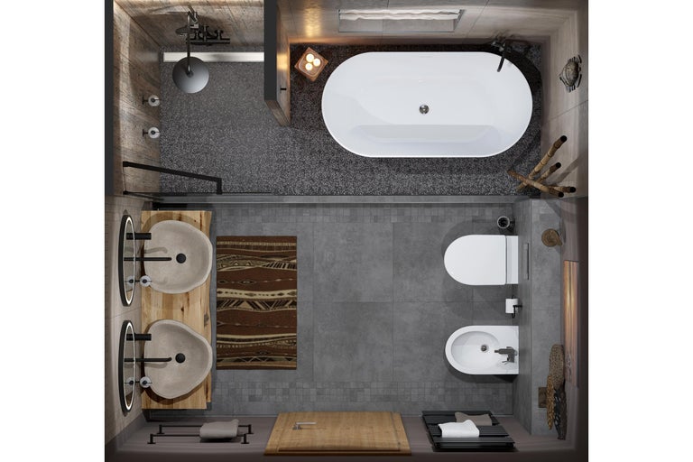 Bovenaanzicht van een moderne badkamer met douche, vrijstaand bad, houten dubbele wastafel, toilet en bidet op grijze tegels.