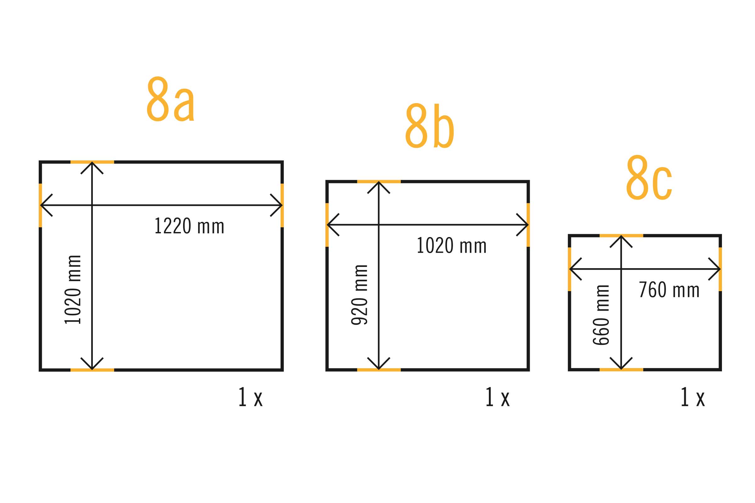 Afmetingen van drie rechthoekige frames: 1220 mm bij 1020 mm, 1020 mm bij 920 mm en 760 mm bij 660 mm