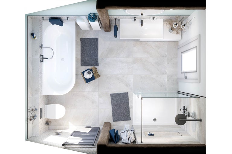 Vogelperspectief van een lichte badkamer met ligbad, toilet, wastafel en douche