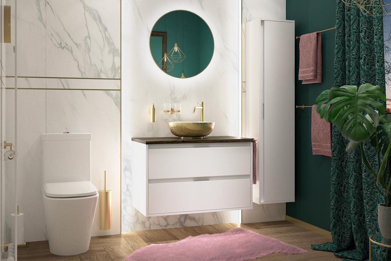 Moderne badkamer met toilet, wastafelonderkast, waskom en spiegel