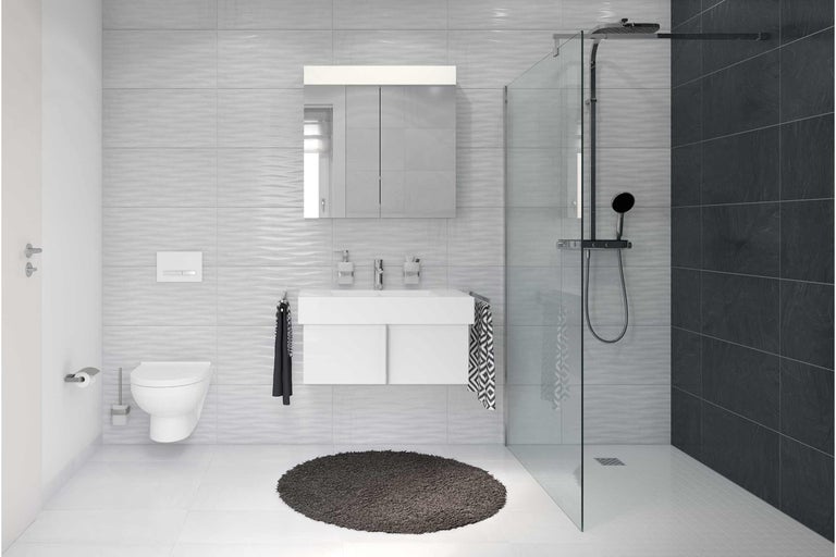 Moderne badkamer met toilet, wastafel, spiegelkast en douche.