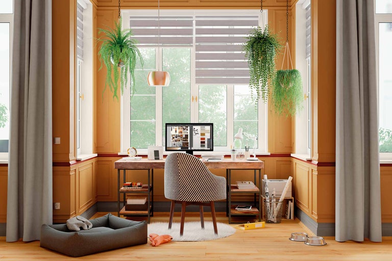 Lichte studeerkamer met bureau, stoel, hangplanten, rolgordijnen en hondenbed