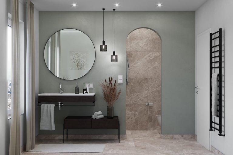 Lichte badkamer met wastafel, spiegel, radiator en tegels