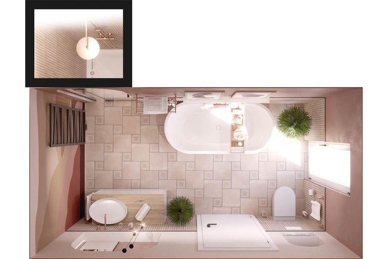 Bovenaanzicht van een badkamer met bad, wastafel en toilet